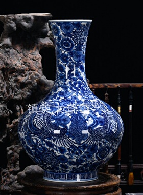 景德镇陶瓷花瓶仿古手绘青花万花双凤扁肚瓶中式客厅公司收藏摆件