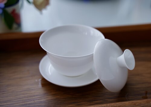潮州骨瓷盖碗三才碗工夫茶碗薄胎茶碗茶杯 纯白高骨 三杯单丛陶瓷 - 图0
