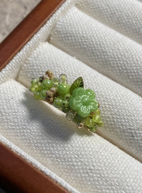 原创捷克琉璃毕加索复古绿色花朵手工串珠开口戒指 指环 小众设计