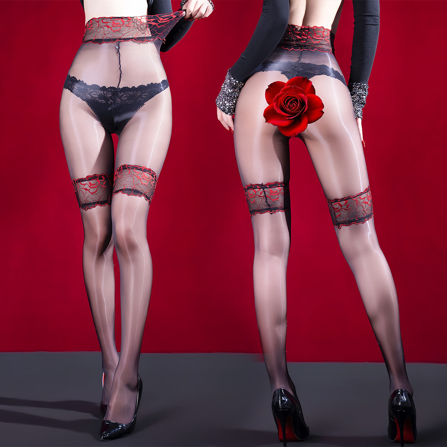 栩秘开裆大腿黑丝袜女蕾丝拼接极光油亮薄款辣妹防勾丝长筒隐形袜,淘宝优惠券,粉丝福利购,淘宝优惠卷