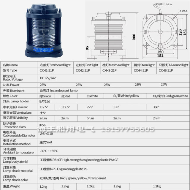 船用单层渔船检航行号灯CXH1/2/3/4/6-21P左右舷环照锚失控桅艉灯