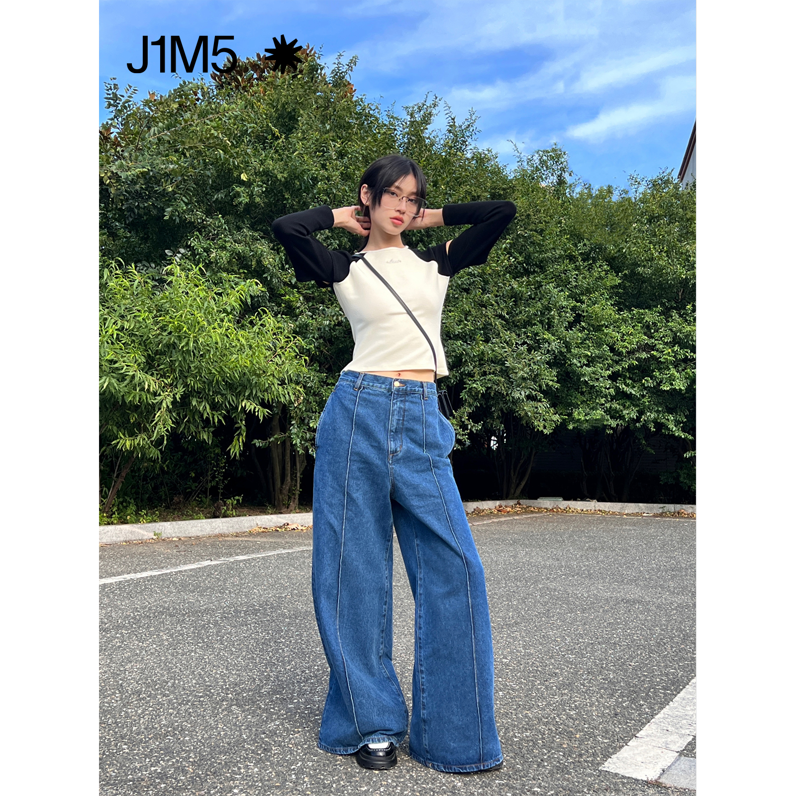 J1M5买手店 IMMI 22秋冬新品牛仔塔克线阔腿长裤秋休闲设计新-图2