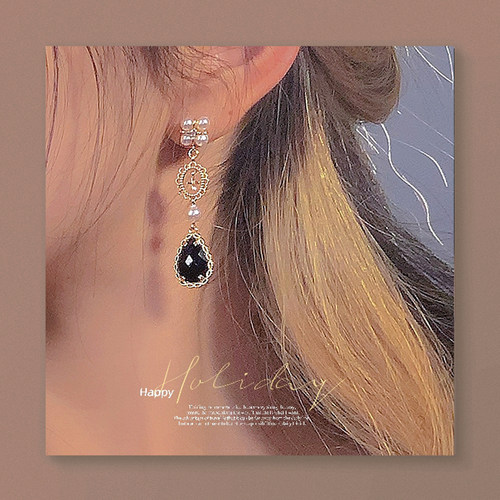 梦境舞曲。复古黑宝石珍珠设计感宫廷长款耳坠高级感耳环女耳夹 - 图1