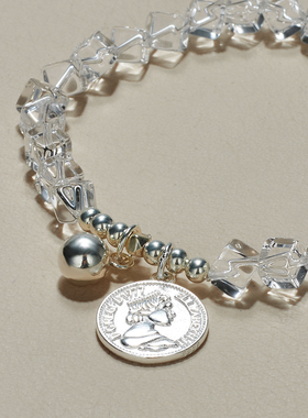 AHCHOO 静奢不规则透亮白水晶手串S925纯银皇冠钱币能量弹力手环