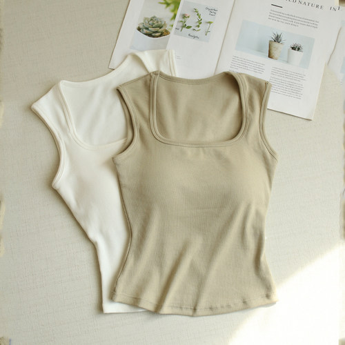 副乳消失U领天鹅颈收腰显瘦高弹棉质打底背心带文胸垫吊带上衣夏 - 图2