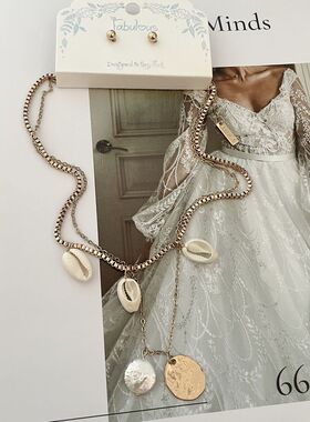 s69时尚唯美小众日常双层项链女金属链贝壳珍珠多吊坠锁骨链饰品