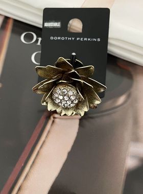 s56欧美外贸首饰品百搭时髦复古金盛开花朵唯美满钻夸张大气戒指