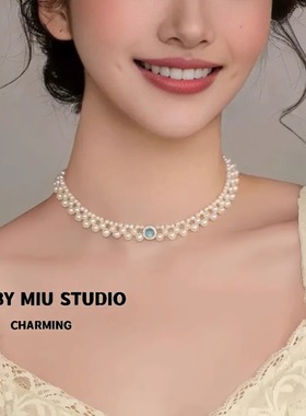 珍珠手工编织款海蓝宝项链女款