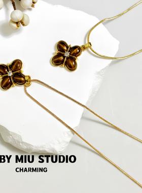 天然虎眼石四叶草美拉德项链