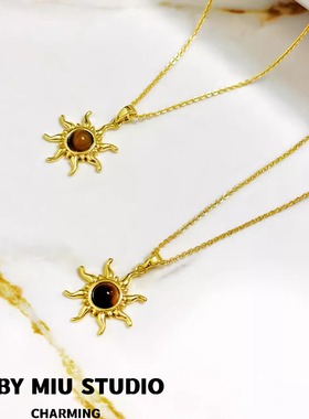 天然虎眼石小太阳复古款项链