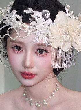 重工串珠流苏花朵发饰法式复古发箍结婚拍照婚纱礼服新娘头饰配饰