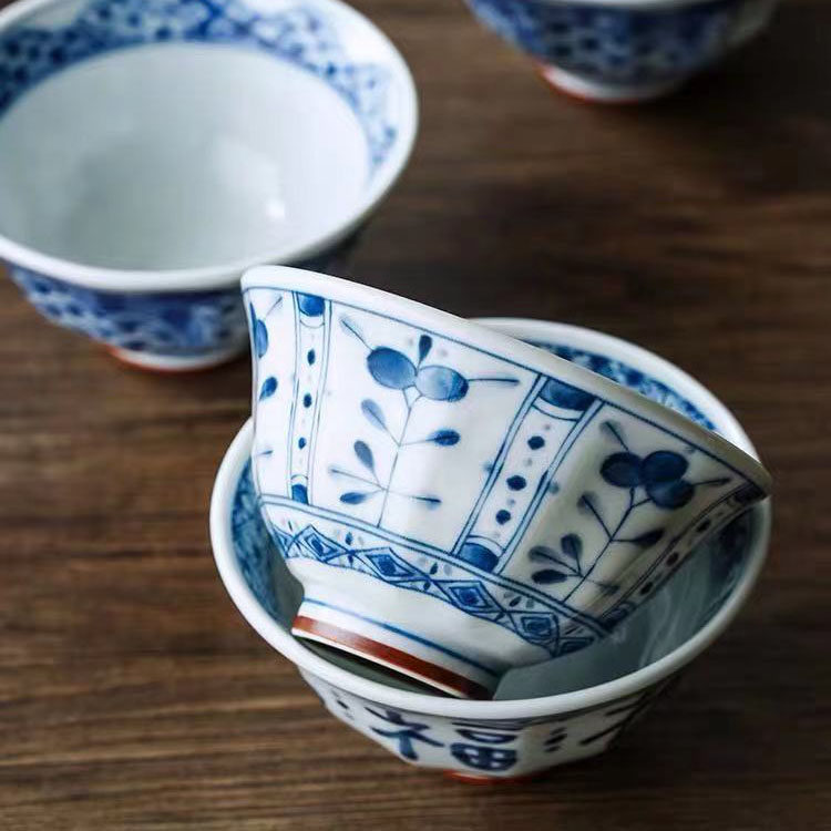 蓝凛堂米饭碗日本进口陶瓷福字反口碗日式家用陶瓷饭碗高脚防烫碗
