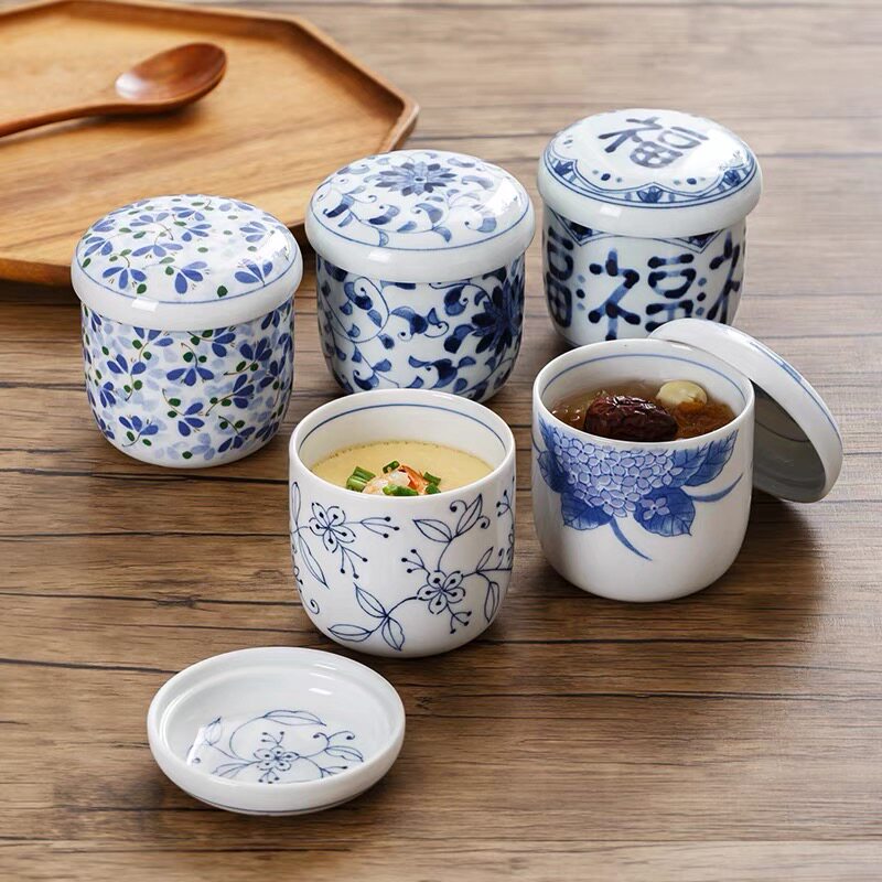 日本进口蓝凛堂炖盅家用陶瓷蛋盅隔水炖汤盅日式甜品碗蒸蛋碗