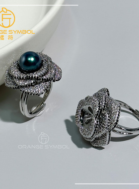 DIY配件 铜镀18k金锆石山茶花施家珍珠戒指开口可调节戒指托