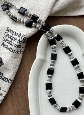 天然黑玛瑙火焰石珍珠撞色项链