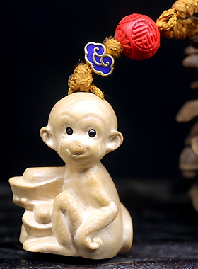 桃木生肖猴吊坠朱砂原木猴钥匙扣