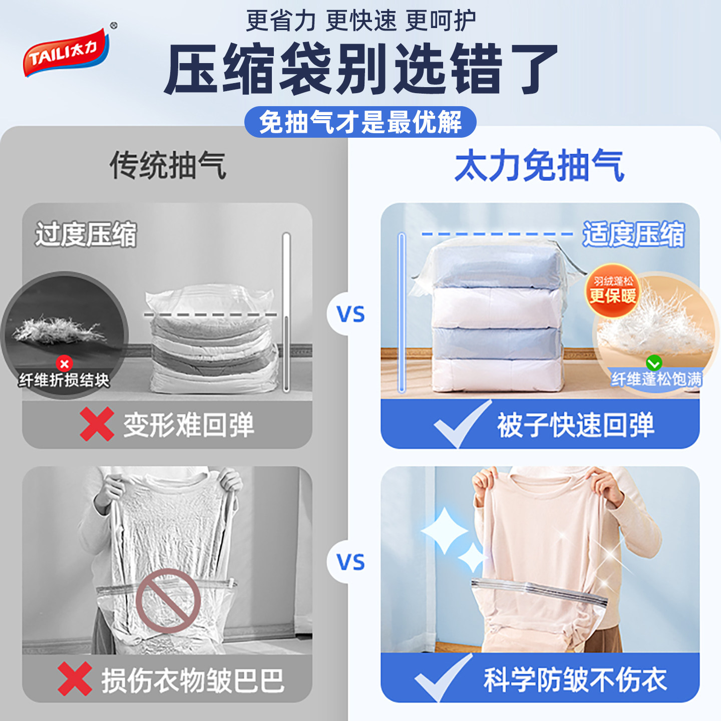太力抗菌真空收纳压缩袋被子棉被衣服羽绒旅行专用免抽气立体袋子