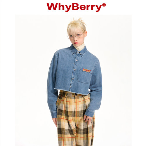 WhyBerry 22AW“Bai搭丹宁”短款衬衫外套复古毛边牛仔衬衣女 - 图1