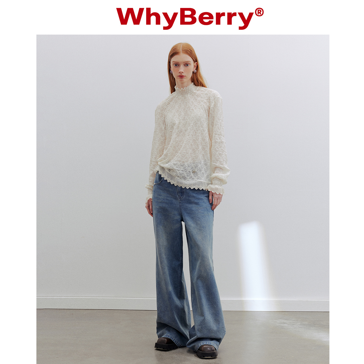 WhyBerry 24SS“朦胧薄雾”米白色蕾丝落肩衬衫花边设计上衣甜美-图0