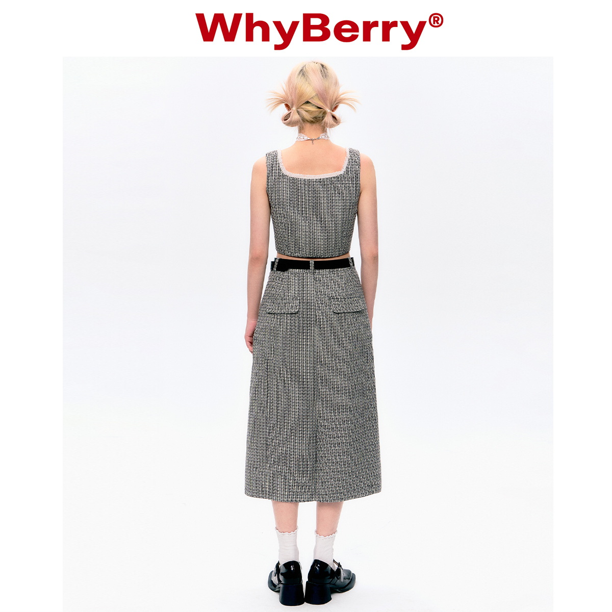 WhyBerry 23SS“暗恋”高腰A字显瘦半身裙直筒修身格子西装裙 - 图3