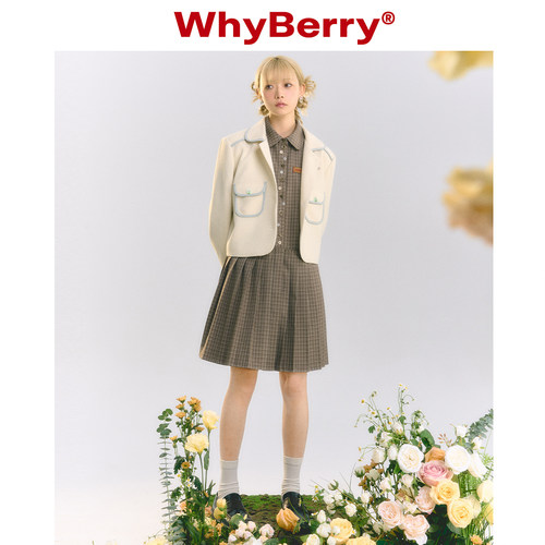 WhyBerry 23SS“甜酪笔记”娃娃领薄垫肩西装外套撞色休闲复古风 - 图2