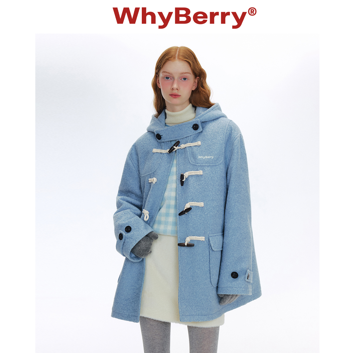 WhyBerry 24AW“泡芙学院”蓝色牛角扣大衣秋冬复古加厚毛呢外套 - 图2