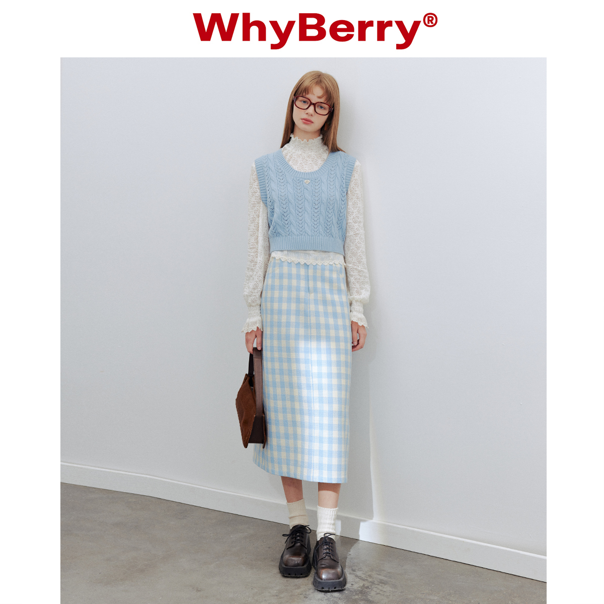 WhyBerry 24SS“海盐气泡”蓝白格子半身裙简约撞色长款A字裙女-图3