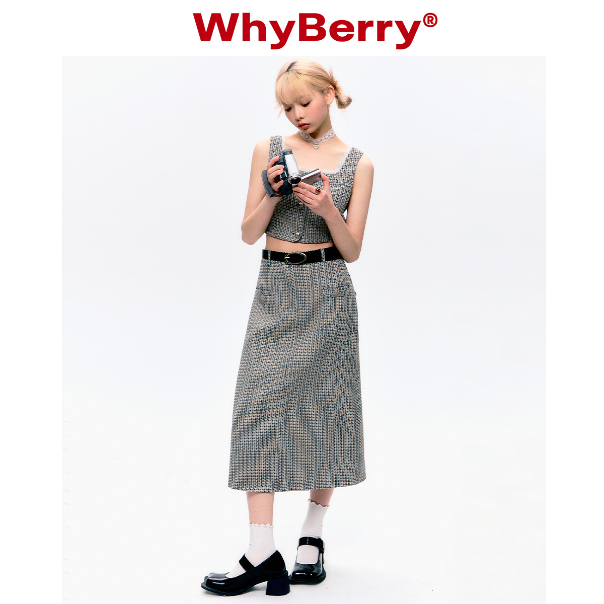 WhyBerry 23SS“暗恋”高腰A字显瘦半身裙直筒修身格子西装裙 - 图0