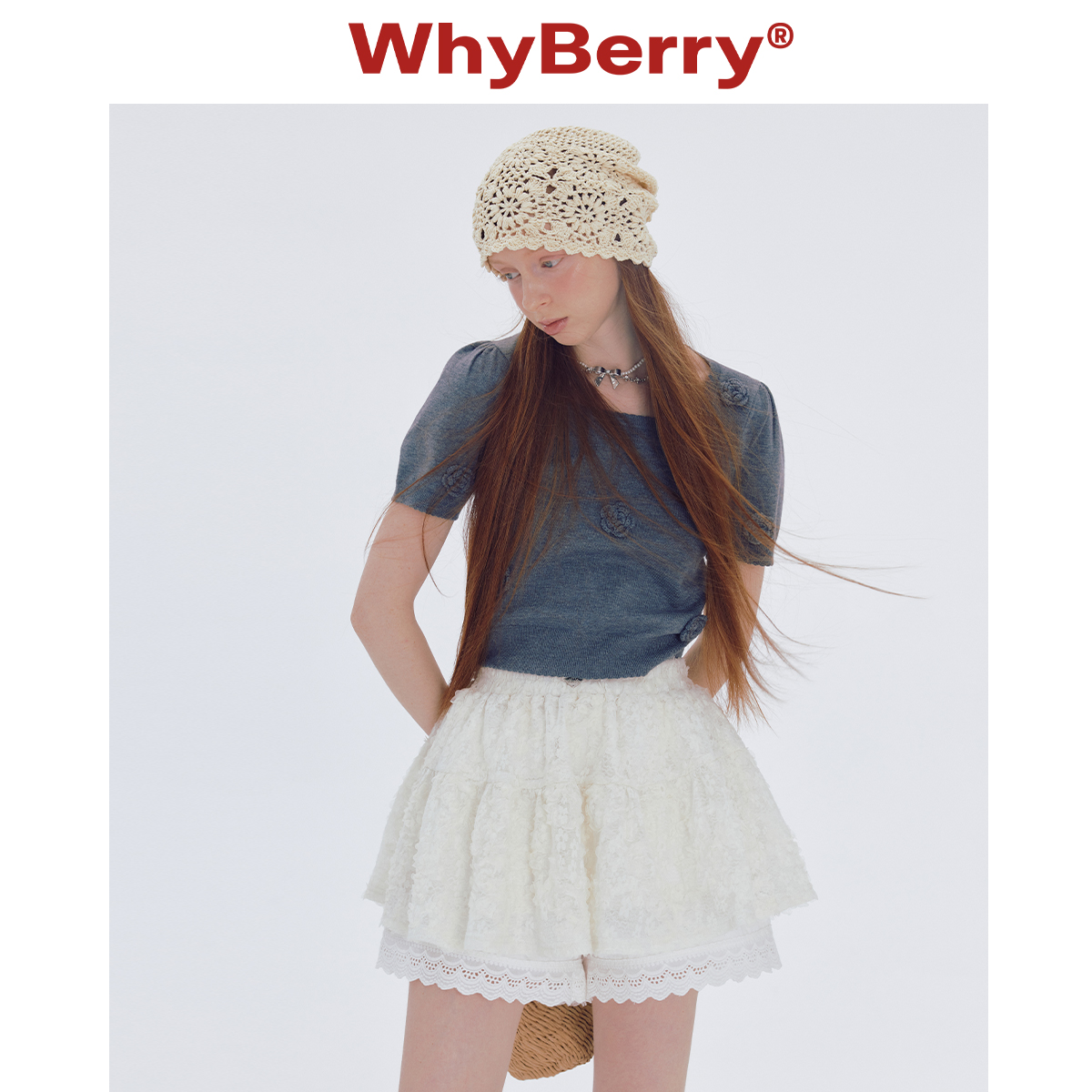 WhyBerry 24SS“叠搭神器”白色蕾丝A字短裙双层褶皱裙裤甜美风