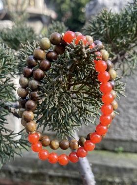 檀木半山水红玛瑙手串绿檀木手串双圈木质檀香招财转运珠手链女款