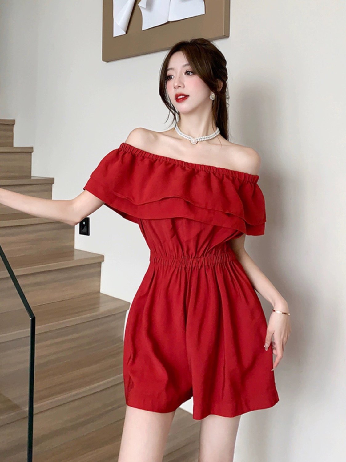 露肩连体裤甜美炸街减龄女夏新显瘦显白海边度假拍照上镜洋气短裤,淘宝优惠券,粉丝福利购,淘宝优惠卷