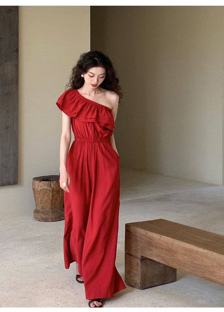 一字肩红色荷叶边连体长裤女连衣裤女神范仙女裤子高腰甜美显瘦潮,淘宝优惠券,粉丝福利购,淘宝优惠卷
