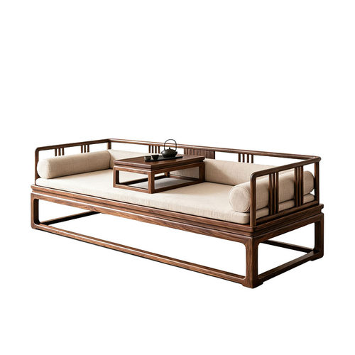 新中式北美黑胡桃木罗汉床宋式美学极简贵妃床榻客厅实木布艺沙发 - 图3