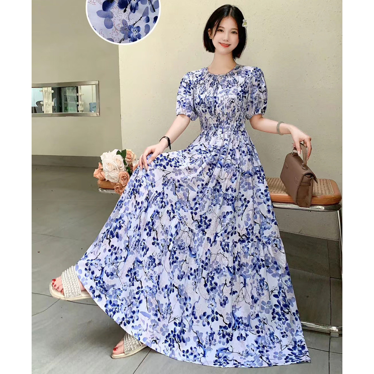 复古法式泡泡袖优雅大摆裙连衣裙长裙棉绸碎花夏季显瘦收腰度假裙,淘宝优惠券,粉丝福利购,淘宝优惠卷
