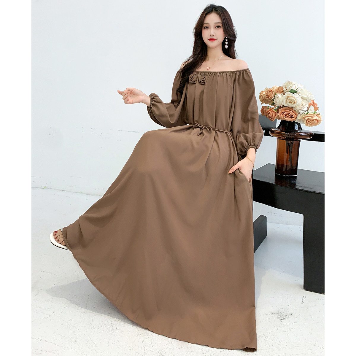 棉绸连衣裙高级感系带慵懒风长款宽松大码胖MM度假风沙滩裙一字领,淘宝优惠券,粉丝福利购,淘宝优惠卷