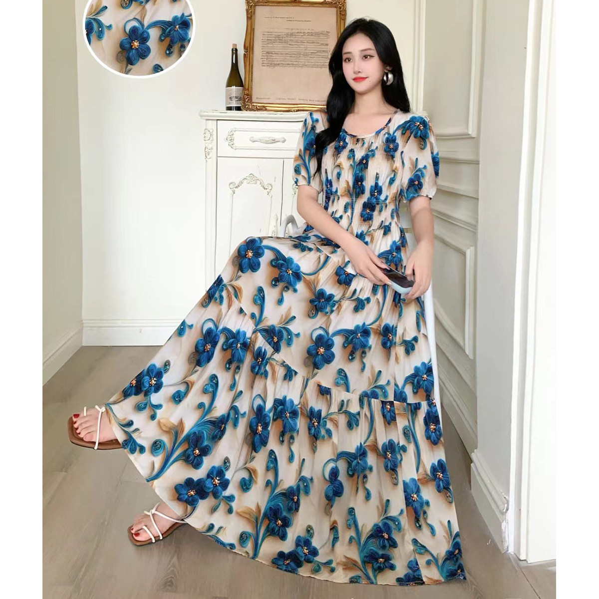 复古法式泡泡袖优雅大摆裙连衣裙长裙棉绸碎花夏季显瘦收腰度假裙,淘宝优惠券,粉丝福利购,淘宝优惠卷