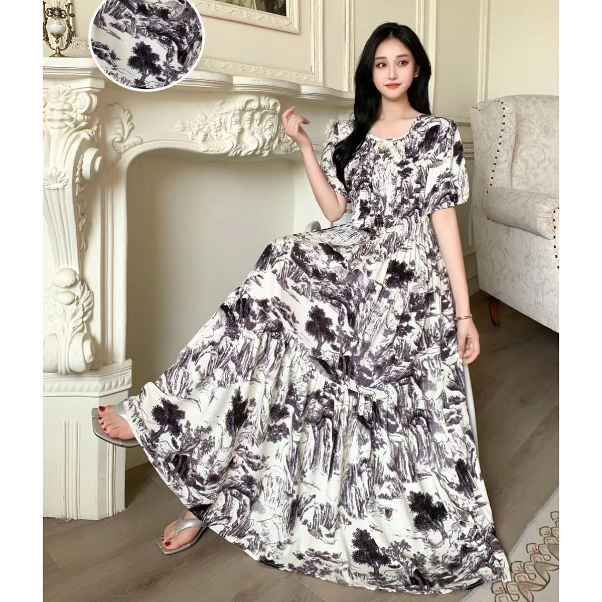 复古法式泡泡袖优雅大摆裙连衣裙长裙棉绸碎花夏季显瘦收腰度假裙,淘宝优惠券,粉丝福利购,淘宝优惠卷