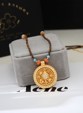 防过敏不掉色 高级感时来运转 旋转罗盘沙金吊坠项链中长款毛衣链