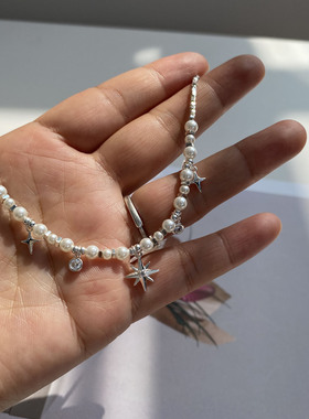 防过敏不掉色高级感碎银子质感时尚百搭日常八芒星珍珠项链锁骨链