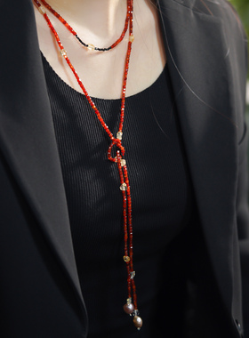 红玛瑙黄水晶巴洛克珍珠长款项链