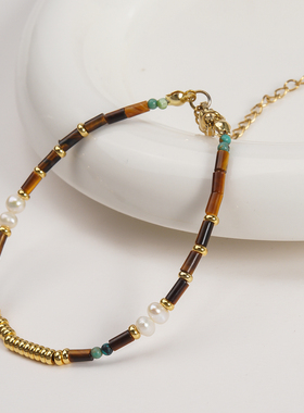 珞有时「落日余晖」中式复古手工虎眼石松石淡水珍珠手链