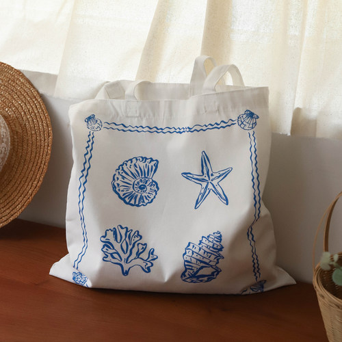 枝悟自制 海洋风蓝色印花单肩包 轻薄手提棉布袋 ins文艺拍照道具 - 图1