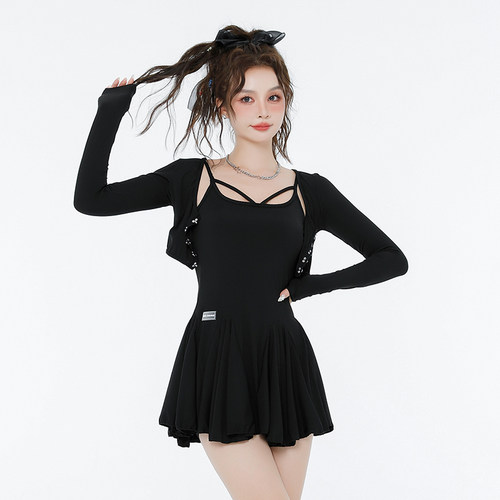 韩国潜水服女分体裙式平角显瘦防晒运动冲浪服保守学生长袖游泳衣 - 图1