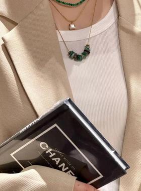 冷白施家配天然绿玉髓项小米珠轻奢复古锁骨珍珠吊坠银男项链18金