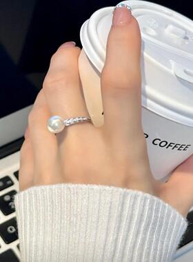 S925纯银麦穗镶钻珍珠戒指环轻奢设计感气质韩版小众女款开口可调