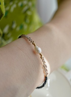 JoJo｜叠戴黑尖晶天然珍珠水晶拼