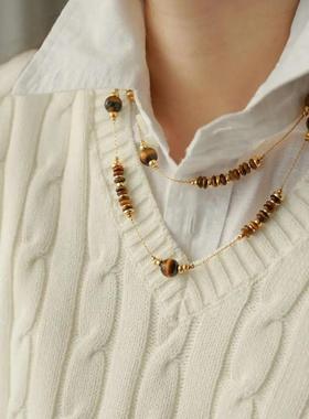 双层叠戴女项链虎眼石轻奢复古毛衣链饰品原创设计天然石圆珠链