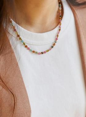 925银合金镀金金色爱心天然石彩色碧玺串珠项链锁骨链叠戴更美