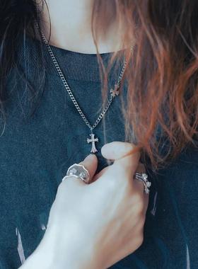中性嘻哈复古镶钻双十字架保色项链古巴链条锁骨链吊坠新款男女