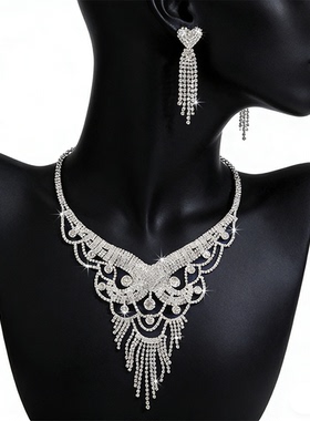 满钻项链耳钉套装夸张新娘锁骨链